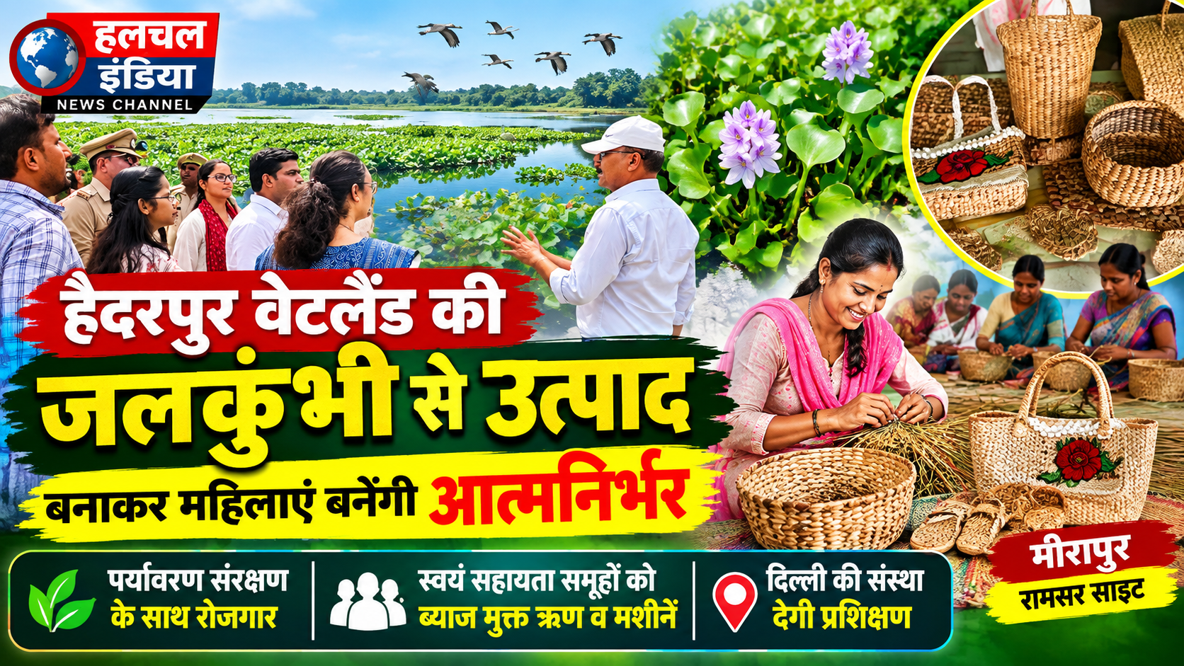हैदरपुर वेटलैंड की जलकुंभी से उत्पाद बनाकर महिलाएं बनेंगी आत्मनिर्भर दिल्ली की संस्था सिखाएगी जलकुंभी से टोकरी बैग व चप्पल बनाना